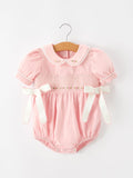 Fall Baby Girls Pink Floral Embroidered Smocked Bow Bubble Romper