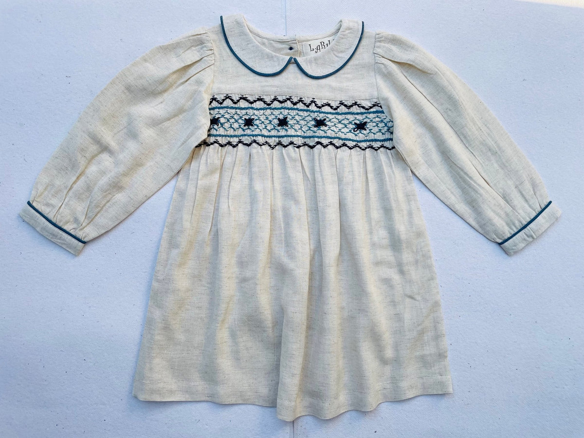 Natural Linen Blend Hand Smocked Girl's Dress